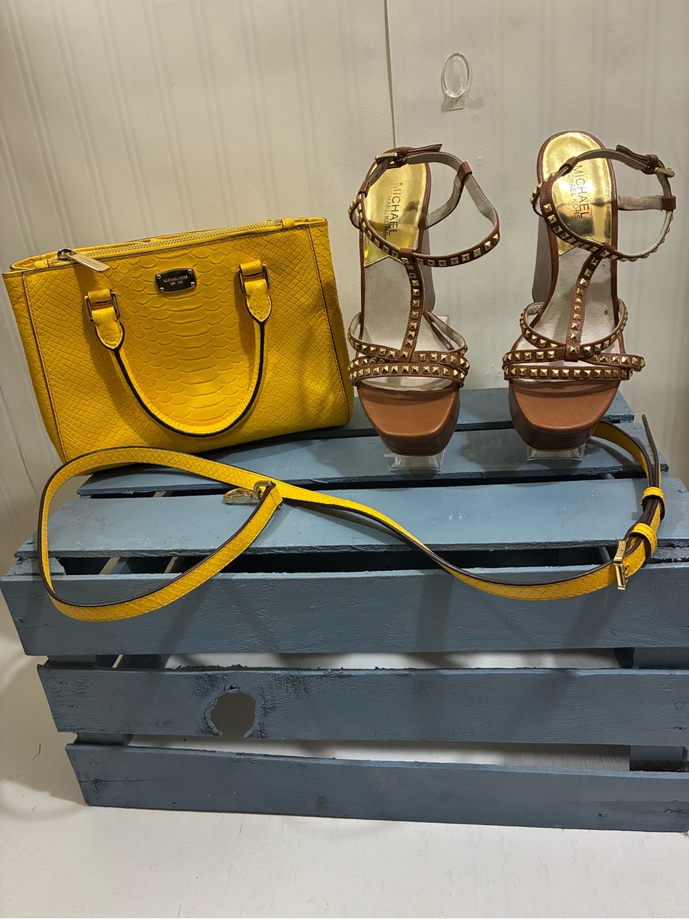 Michael Kors Yellow Snake-Texture Crossbody Satchel
